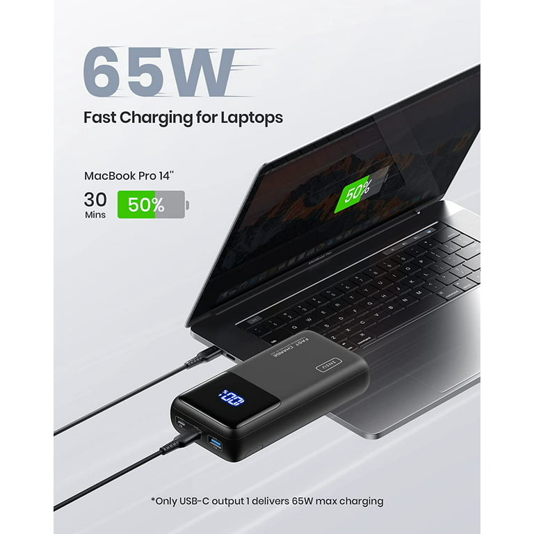 INIU 25000mAh Laptop Power Bank, 65W USB C PD QC Fast Charging 3-Output Portable Charger, Black