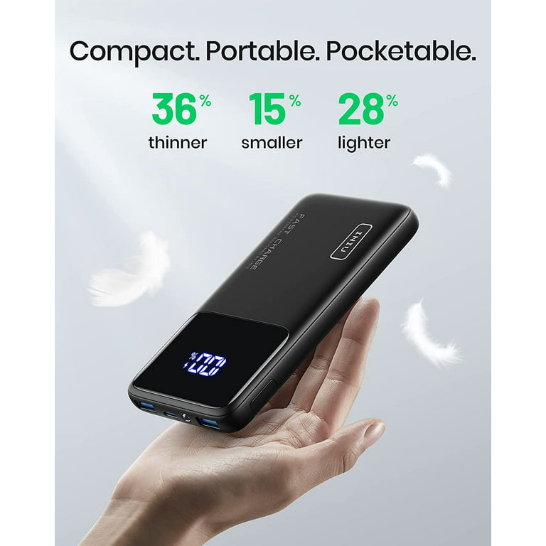 INIU Portable Power Bank, Slimmest 10000mAh Portable Charger with LED Display & Phone Holder, Black