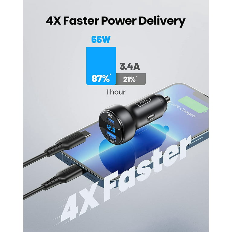 INIU Power Car Charger, 66W Dual Ports [USB C+USB A] Car Adapter for iPhone iPad Samsung, Black