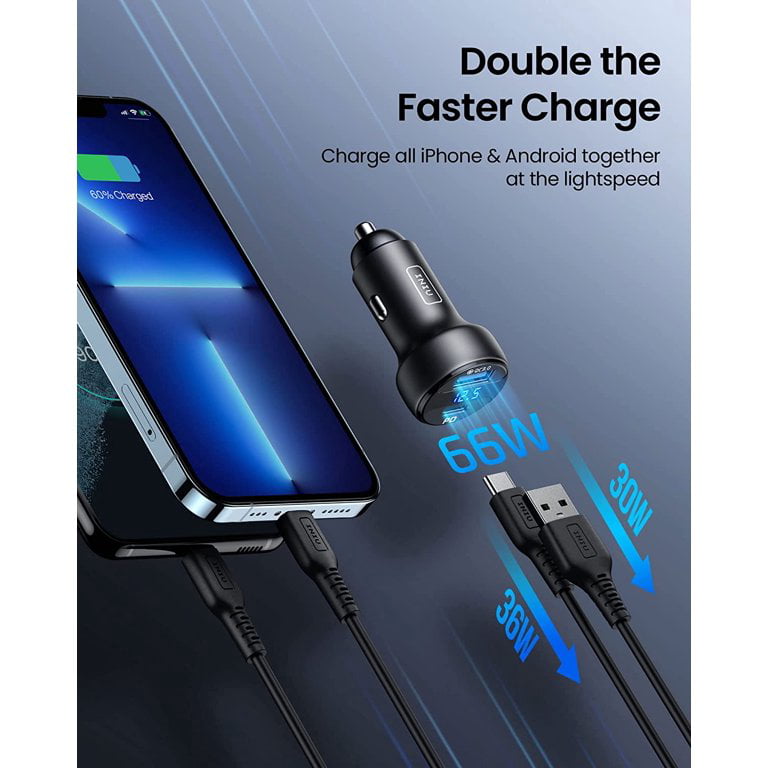 INIU Power Car Charger, 66W Dual Ports [USB C+USB A] Car Adapter for iPhone iPad Samsung, Black