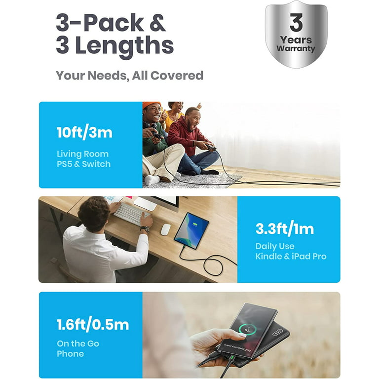 INIU USB C Cable 【3 Pack】, 3.1A QC Nylon Braided Fast Charging Cord for Samsung Google, Black