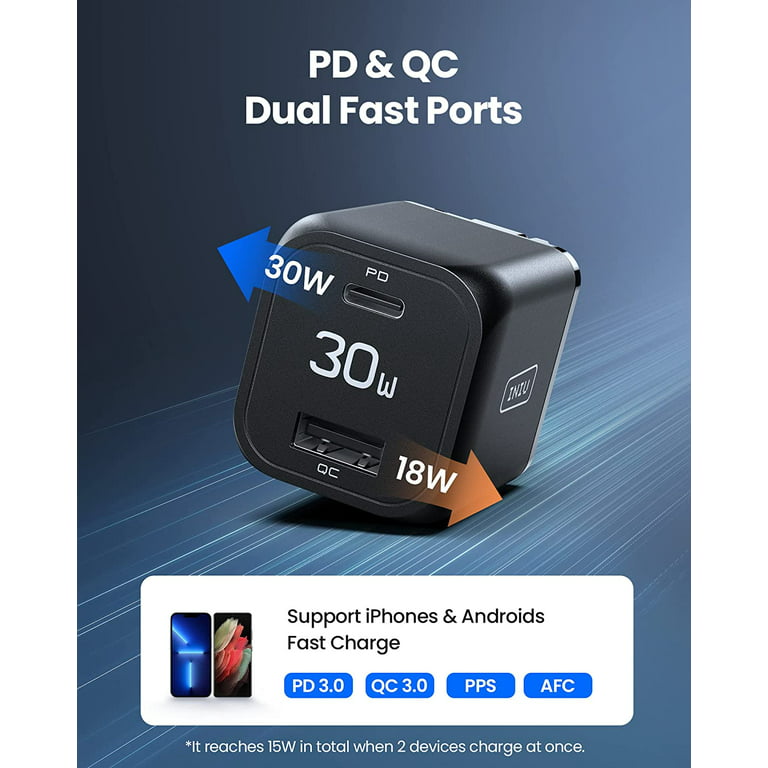 INIU USB C Charger, 30W PD QC 3.0 Dual Port Fast Charging Wall Charger for iPhone Samsung, Black