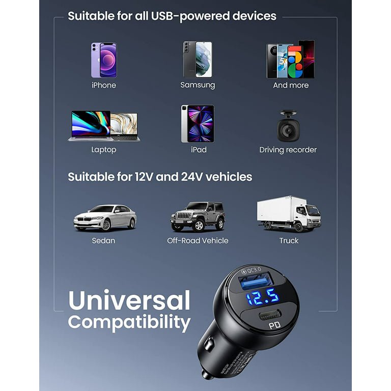 INIU Power Car Charger, 66W Dual Ports [USB C+USB A] Car Adapter for iPhone iPad Samsung, Black