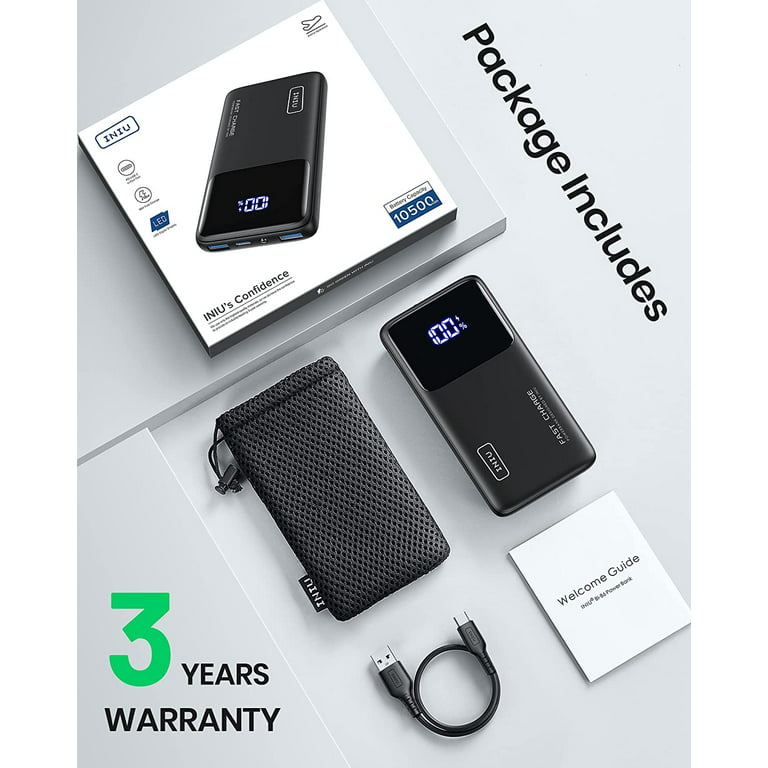 INIU Portable Power Bank, Slimmest 10000mAh Portable Charger with LED Display & Phone Holder, Black