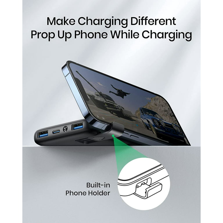 INIU Portable Power Bank, Slimmest 10000mAh Portable Charger with LED Display & Phone Holder, Black